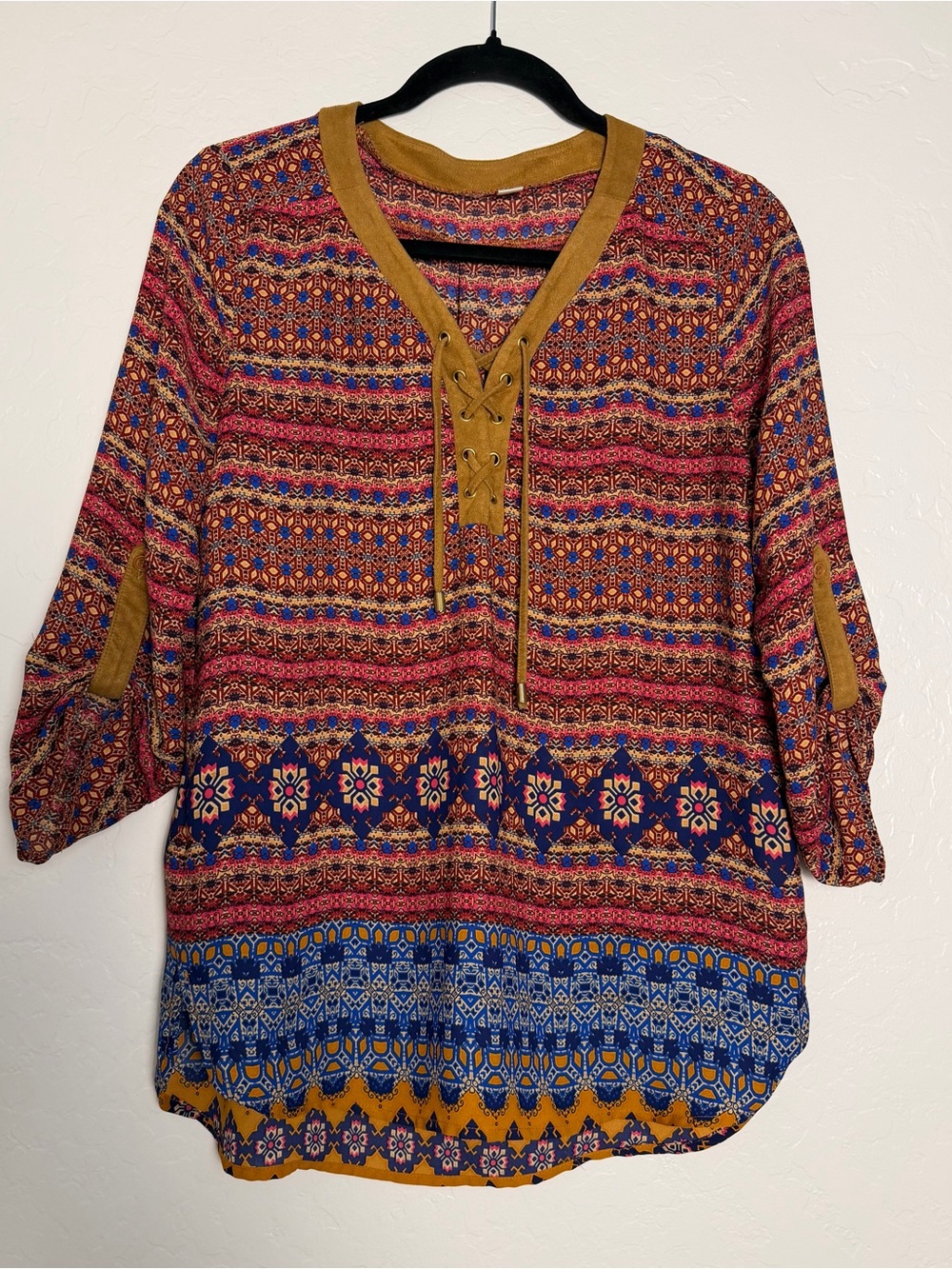Tacera women's Size Small Blouse Boho cowgirl style Lace-Up Mustard & Multicolor